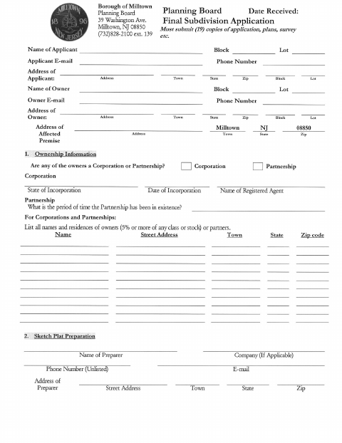 First page of the Final Subdivision Application
