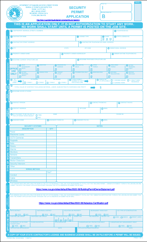 First page of the Security System Permit Application