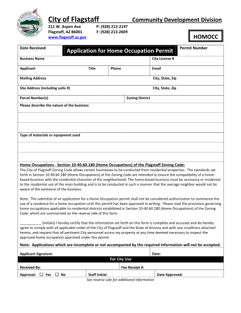 First page of the Application for Home Occupation Permit