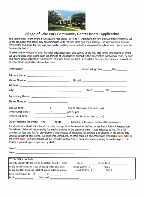 First page of the Community Center Rental Application