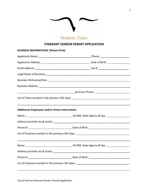 First page of the Itinerant Vendor Permit Application