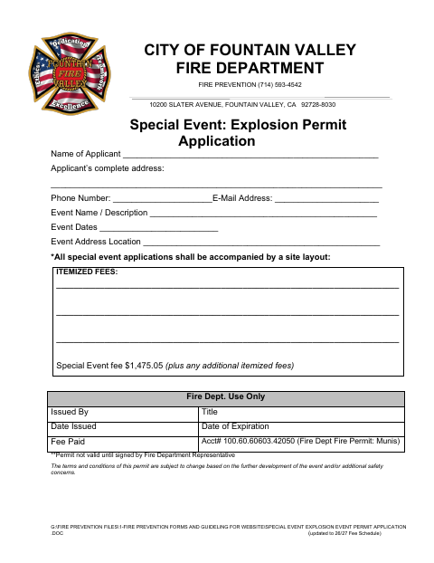 First page of the Special Event: Explosion Permit Application
