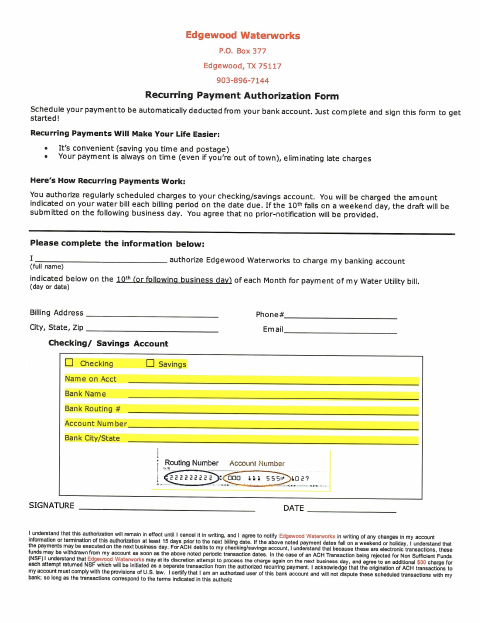 First page of the Recurring Payment Authorization Form