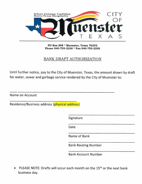 First page of the Bank Draft Authorization