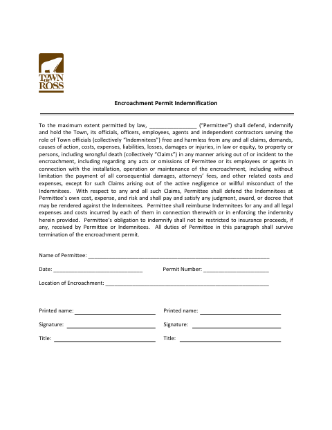 First page of the Encroachment Permit Indemnification
