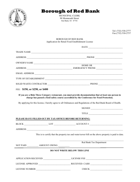 First page of the Application for Retail Food Establishment License