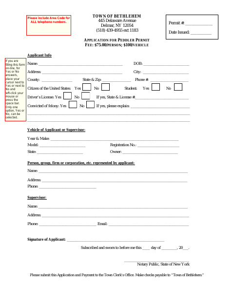 First page of the Application for Peddler Permit