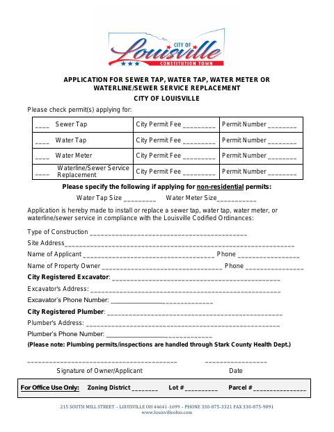 First page of the Application for Sewer Tap, Water Tap, Water Meter or Waterline/Sewer Service Replacement