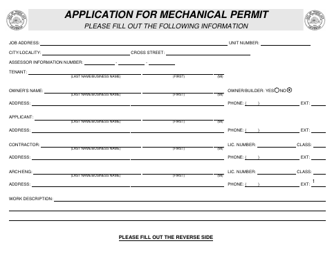 First page of the Application for Mechanical Permit