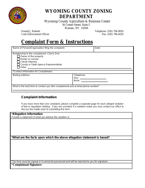 First page of the Complaint Form & Instructions