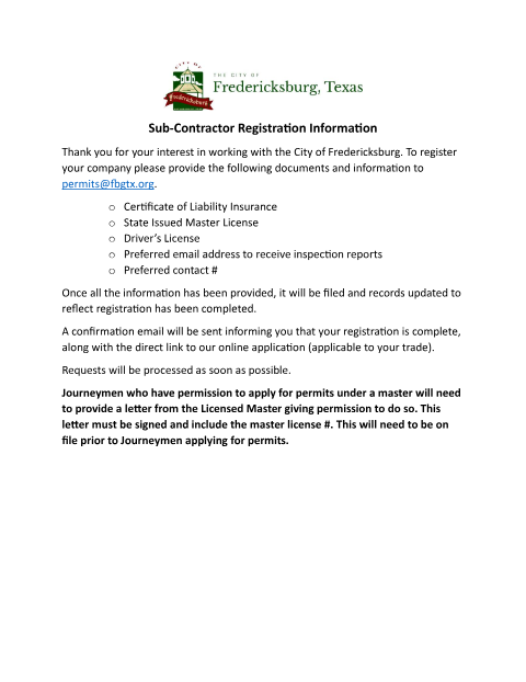 First page of the Sub-Contractor Registration Information