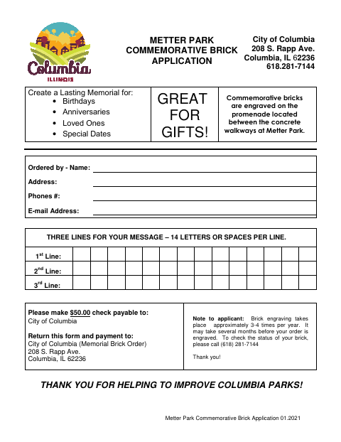 First page of the Metter Park Commemorative Brick Application