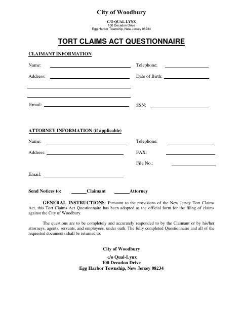 First page of the Tort Claims Act Questionnaire