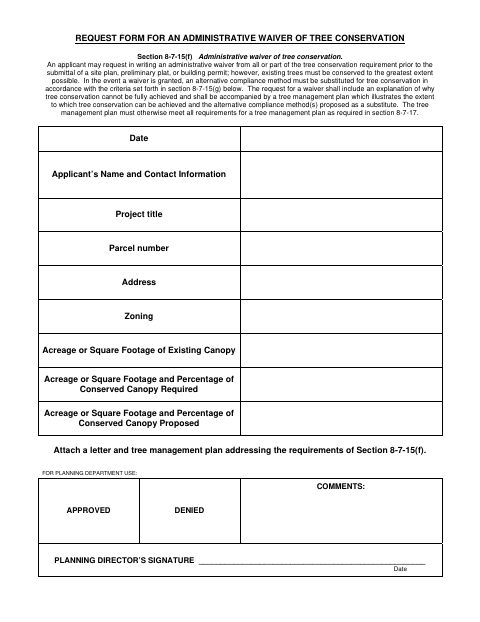 First page of the Request Form for an Administrative Waiver of Tree Conservation