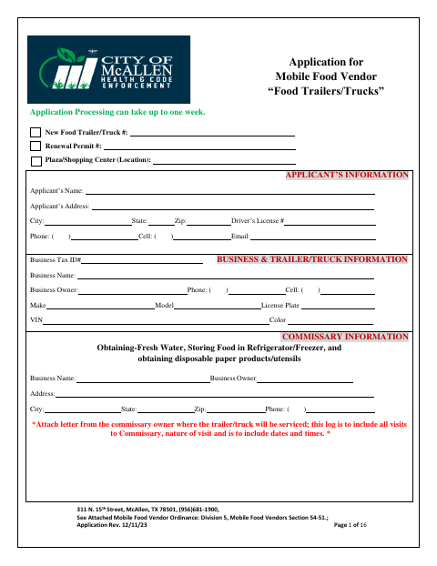 First page of the Mobile Food Vendor Food Truck and Trailer Application