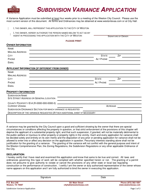 First page of the Subdivision Variance Application