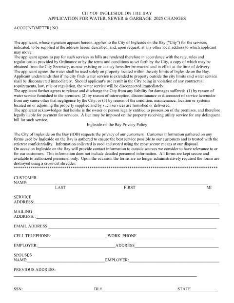 First page of the Application for Water, Sewer & Garbage Service