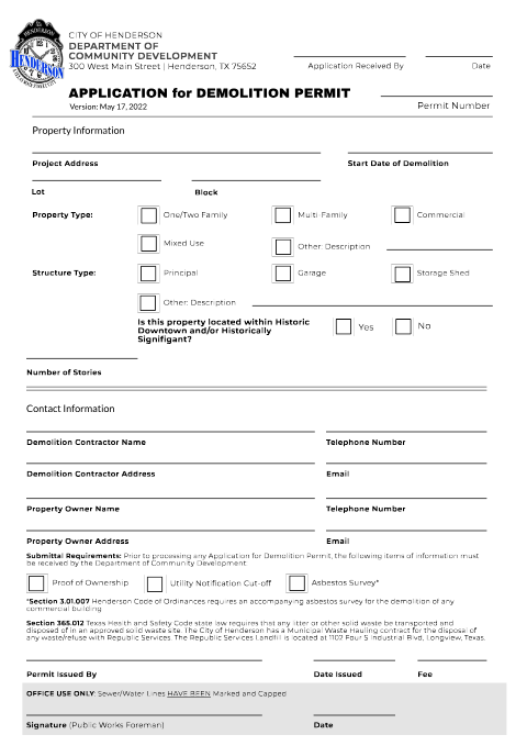 First page of the Demolition Permit Application