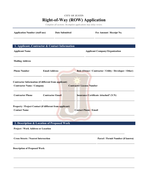 First page of the Right-of-Way Application