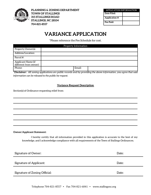First page of the Variance Application