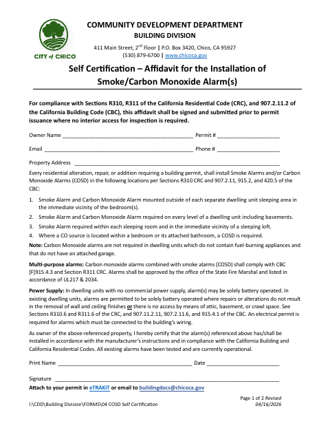 First page of the Self Certification – Affidavit for Installation of Smoke/Carbon Monoxide Alarms