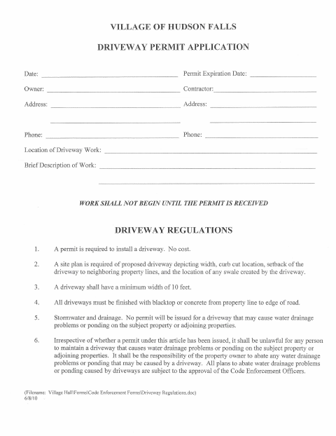 First page of the Driveway Permit Application