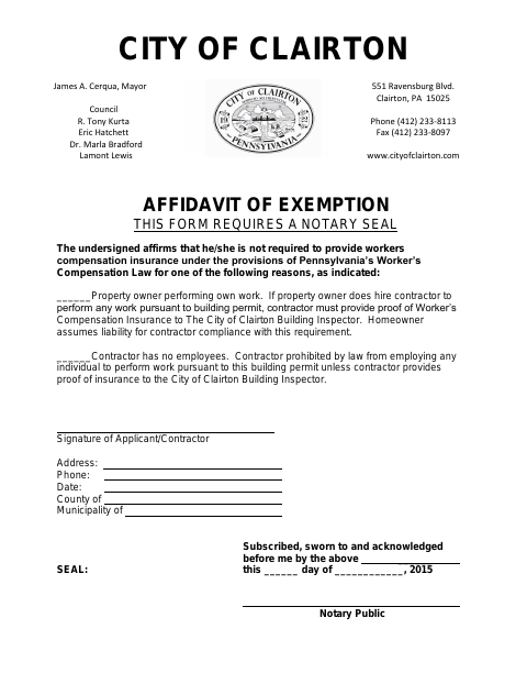First page of the Affidavit of Exemption