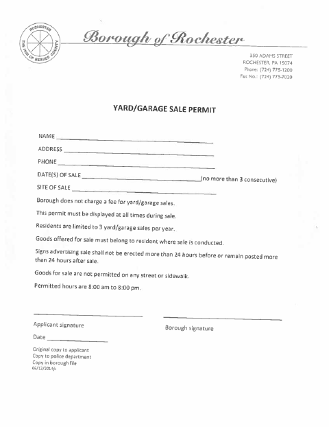 First page of the Yard/Garage Sale Permit