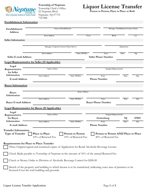 First page of the Liquor License Transfer Application