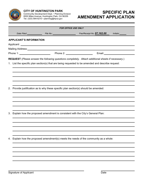 First page of the Specific Plan Amendment Application