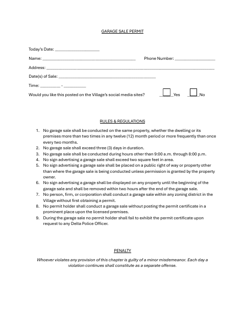 First page of the Garage Sale Permit