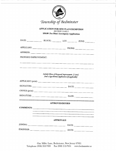 First page of the Application for Site Plan Exemption