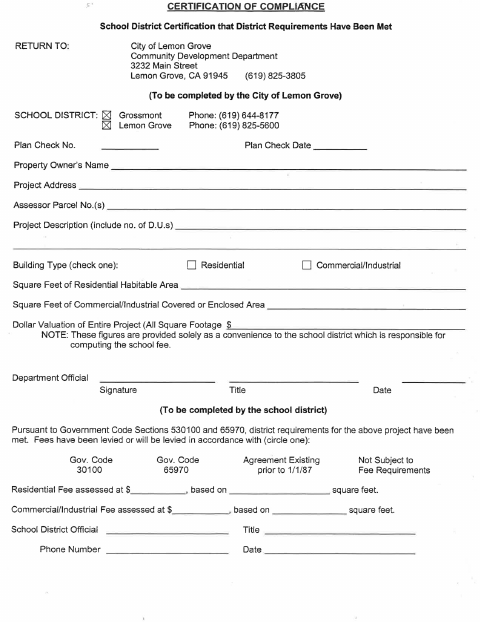 First page of the School Fees Certification of Compliance