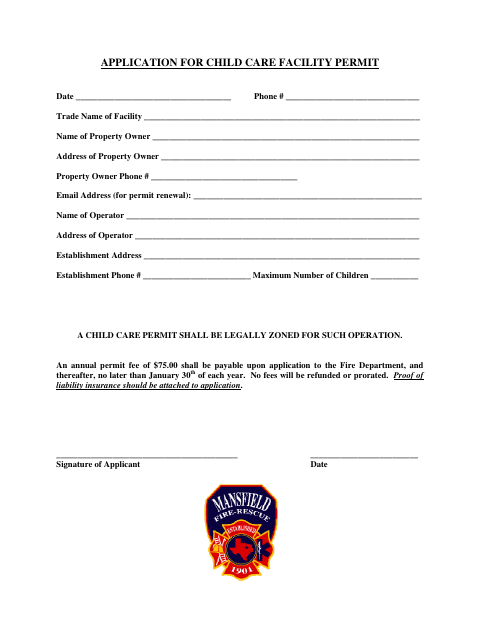 First page of the Application for Child Care Facility Permit