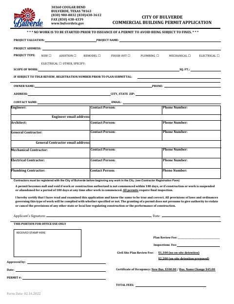 First page of the Commercial Building Permit Application