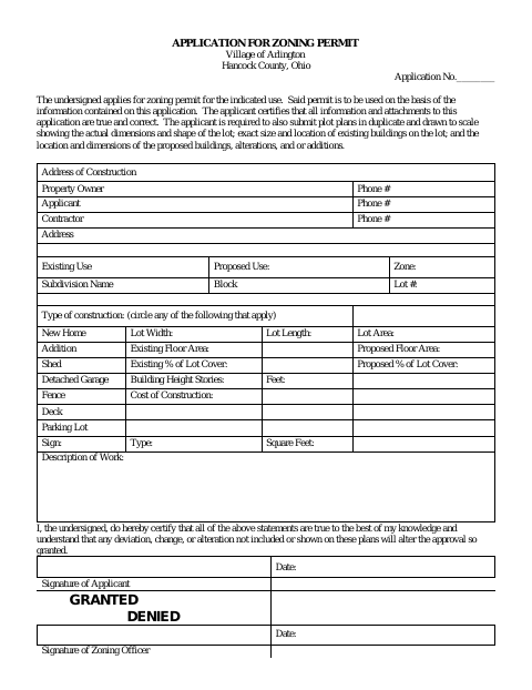 First page of the Application for Zoning Permit