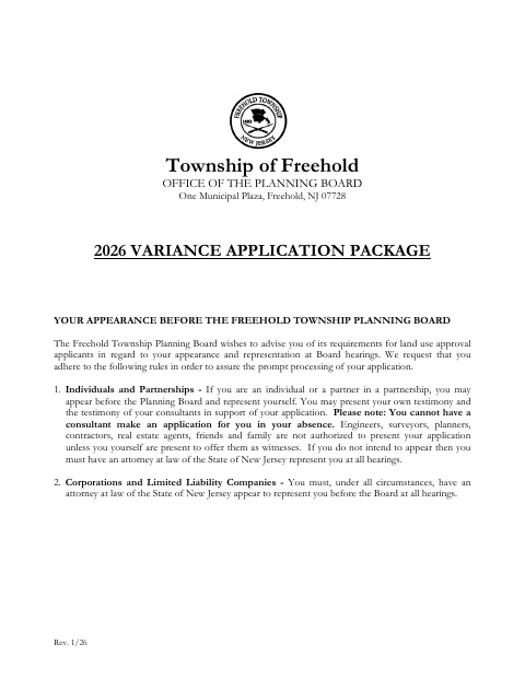 First page of the 2026 Variance Application Package