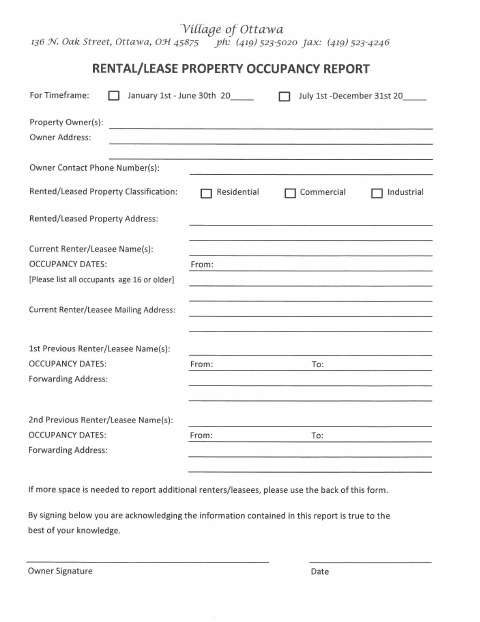 First page of the Rental/Lease Property Occupancy Report