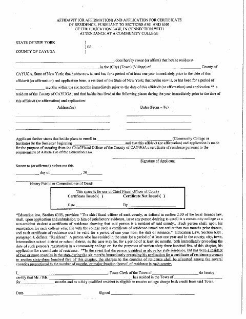 First page of the Proof of Residency Affidavit and Application for Certificate of Residence