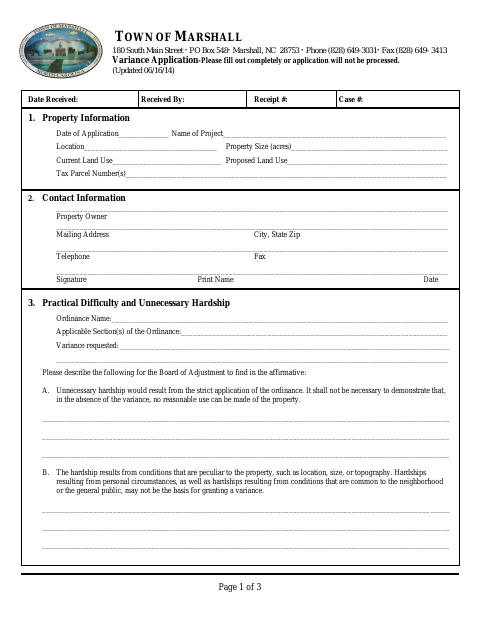 First page of the Variance Application