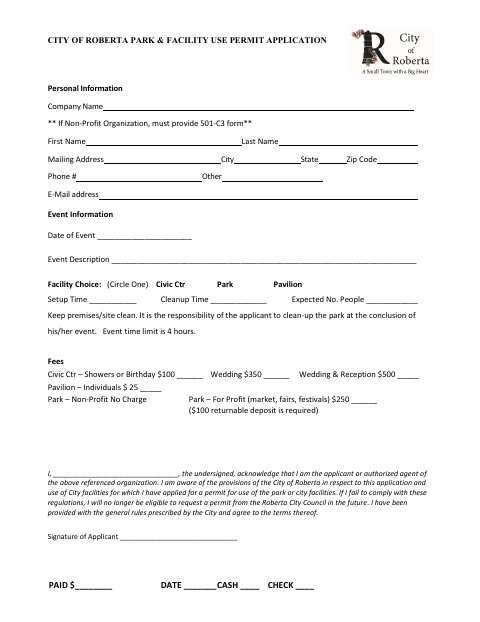 First page of the Park & Facility Use Permit Application