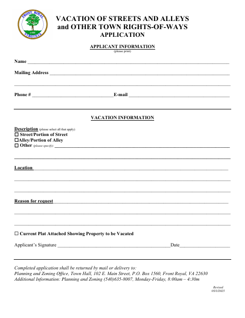 First page of the Vacation of Streets and Alleys and Other Town Rights-of-Ways Application