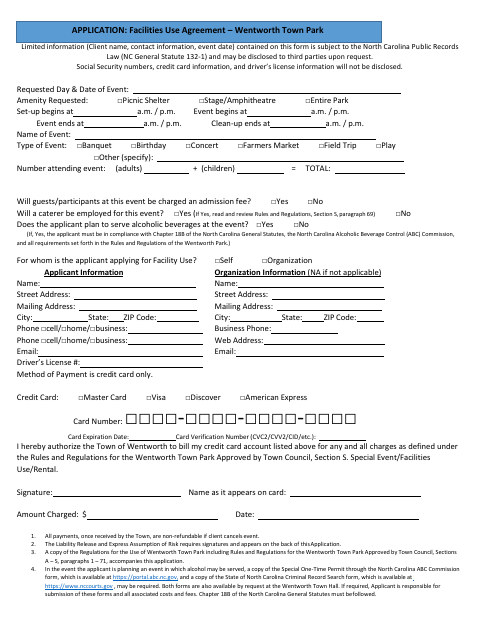 First page of the Wentworth Park Facilities Use Application and Rules