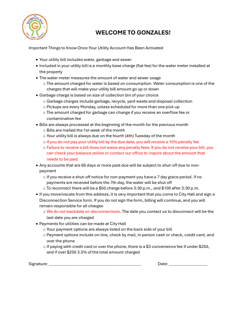 First page of the Utility Service Order Form