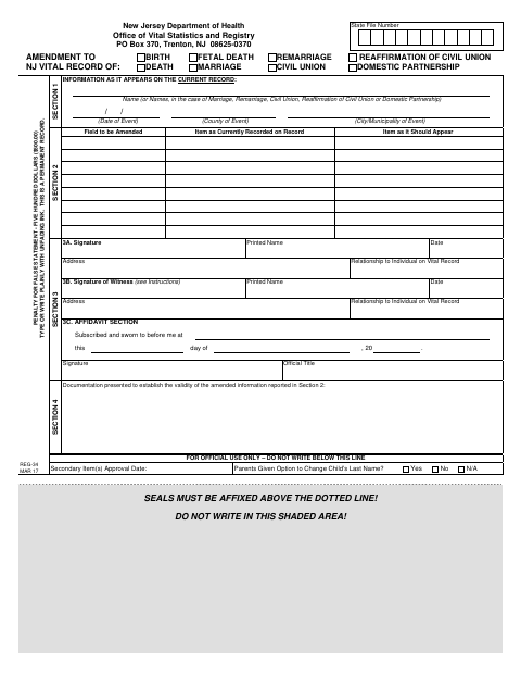 First page of the Amendment to New Jersey Vital Record