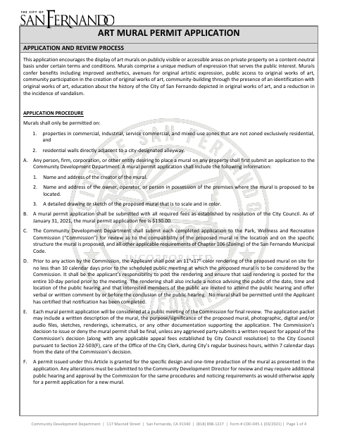 First page of the Art Mural Permit Application