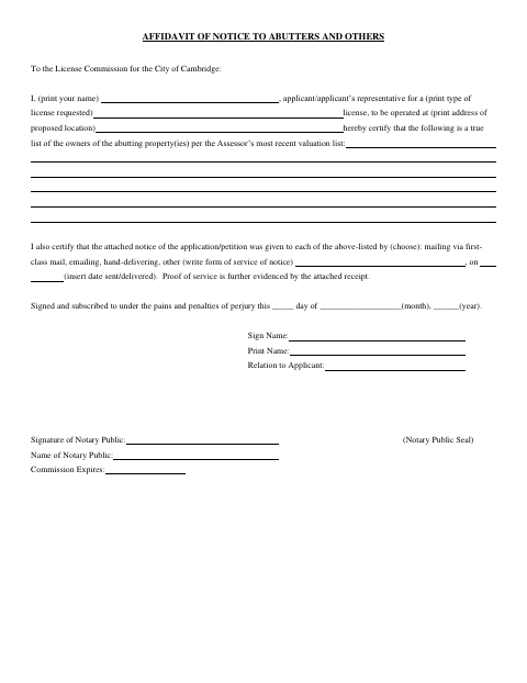 First page of the Affidavit of Notice to Abutters and Others
