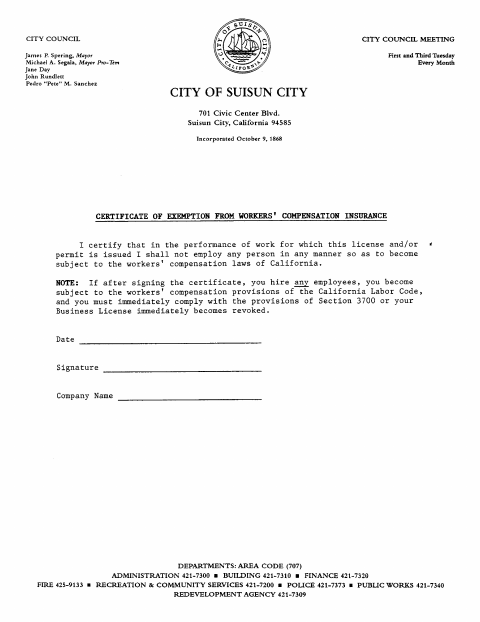 First page of the Certificate of Exemption From Workers' Compensation Insurance