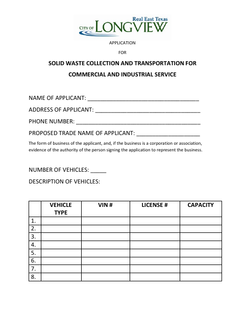 First page of the Commercial and Industrial Solid Waste Collection and Transportation Application