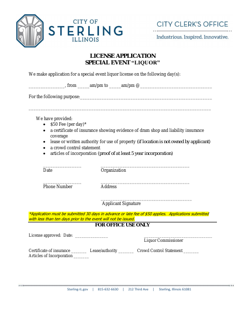 First page of the Special Event Liquor License Application